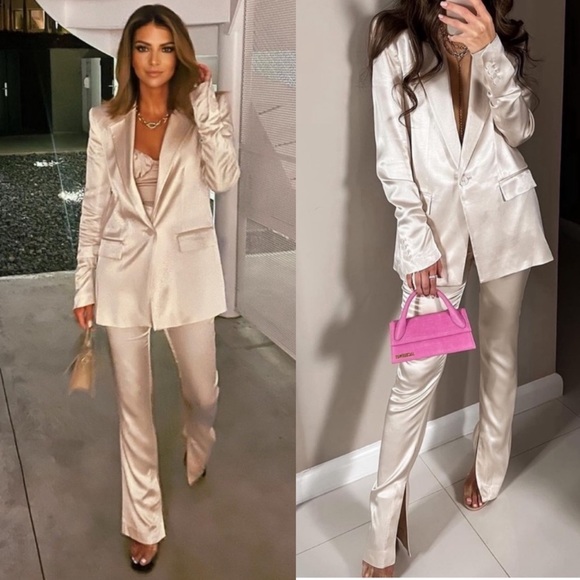 Zara Jackets & Blazers - Zara satin blazer & pants matching set — champagne slit pants & oversized blazer